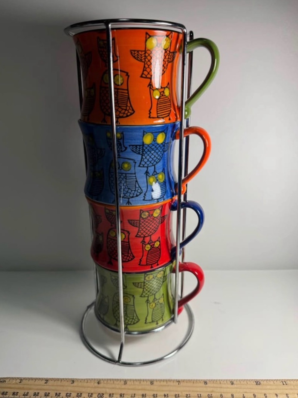 Pier 1 Imports 4 Stacked Owl Ceramic Mug Set Multicolor withstand bright colors